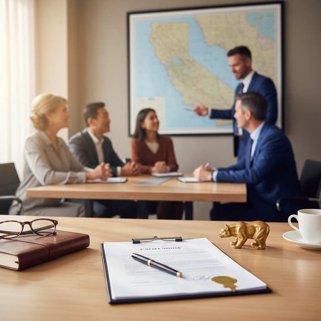 A shallow-depth-of-field shot of a wooden desk with a California legal document, a gold bear figurine, and glasses in the foreground. In the blurred background, an attorney in a blue suit gestures toward a map of California while meeting with a diverse group of clients in a brightly lit law office.