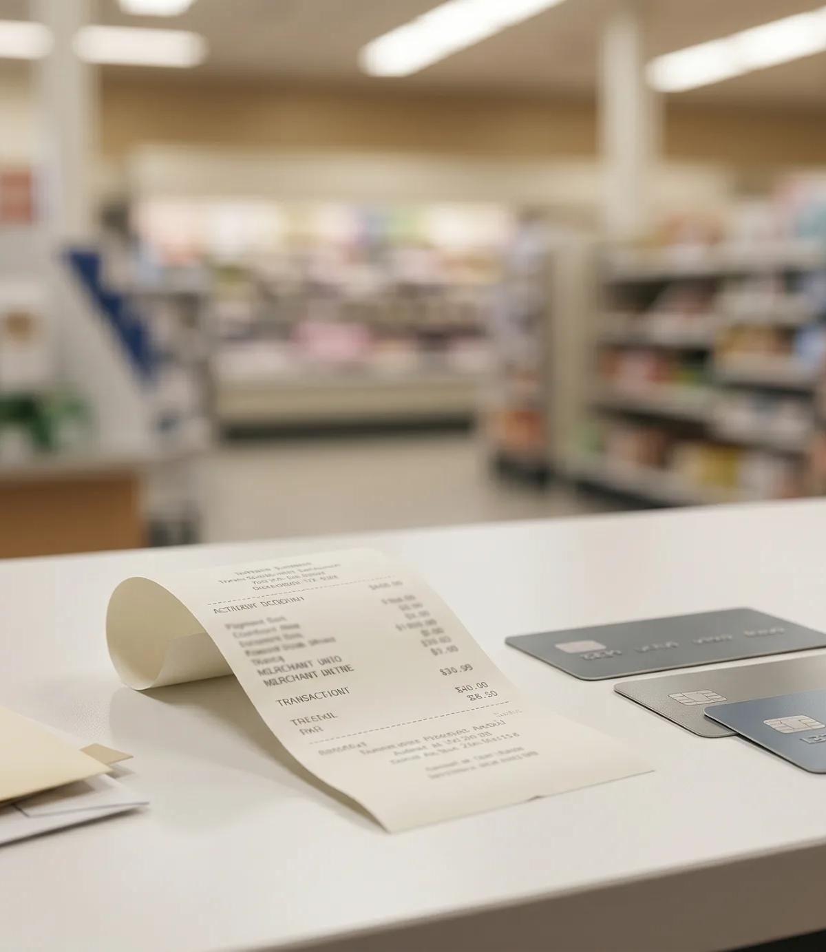 Long retail receipt curling on a checkout counter next to two basic credit cards and a manila envelope marked "Important Legal Notice — Retail Compliance Services — Confidential Information," with the blurred interior of a major retail store and checkout area in the background.