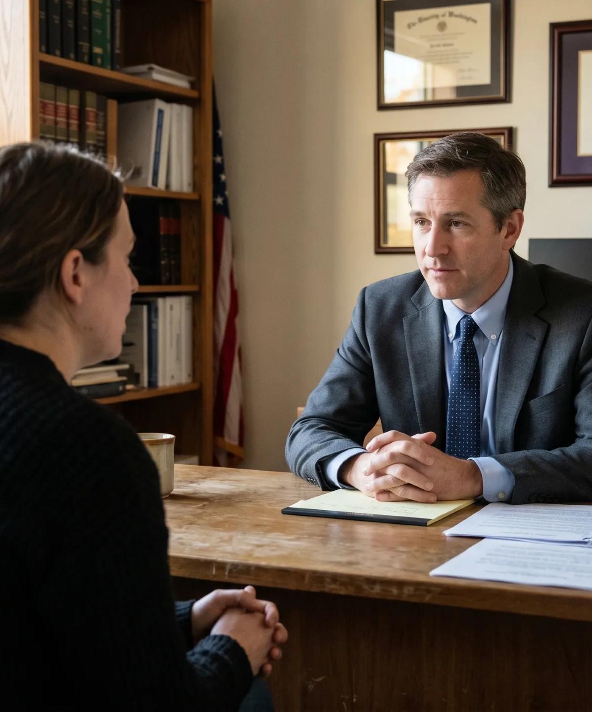 Attorney in a suit sitting across a desk from a client during an initial consultation, with legal documents, a notepad, and law school diplomas visible in the background.