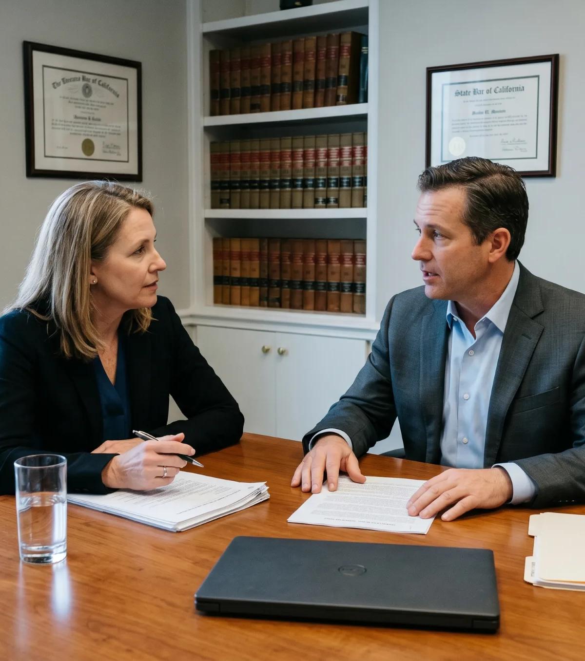 Attorney and client in mid-conversation across a wooden conference table in a law firm office, discussing a printed document with bookshelves and California state bar credentials behind them.