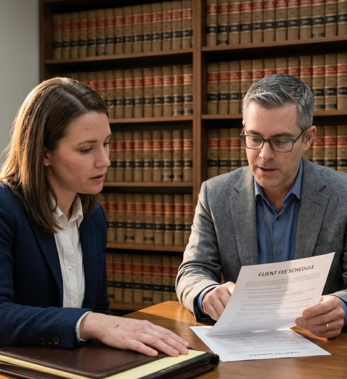 Attorney in grey blazer reviewing a printed client fee schedule with a woman in navy blazer during an initial consultation at a law office desk.