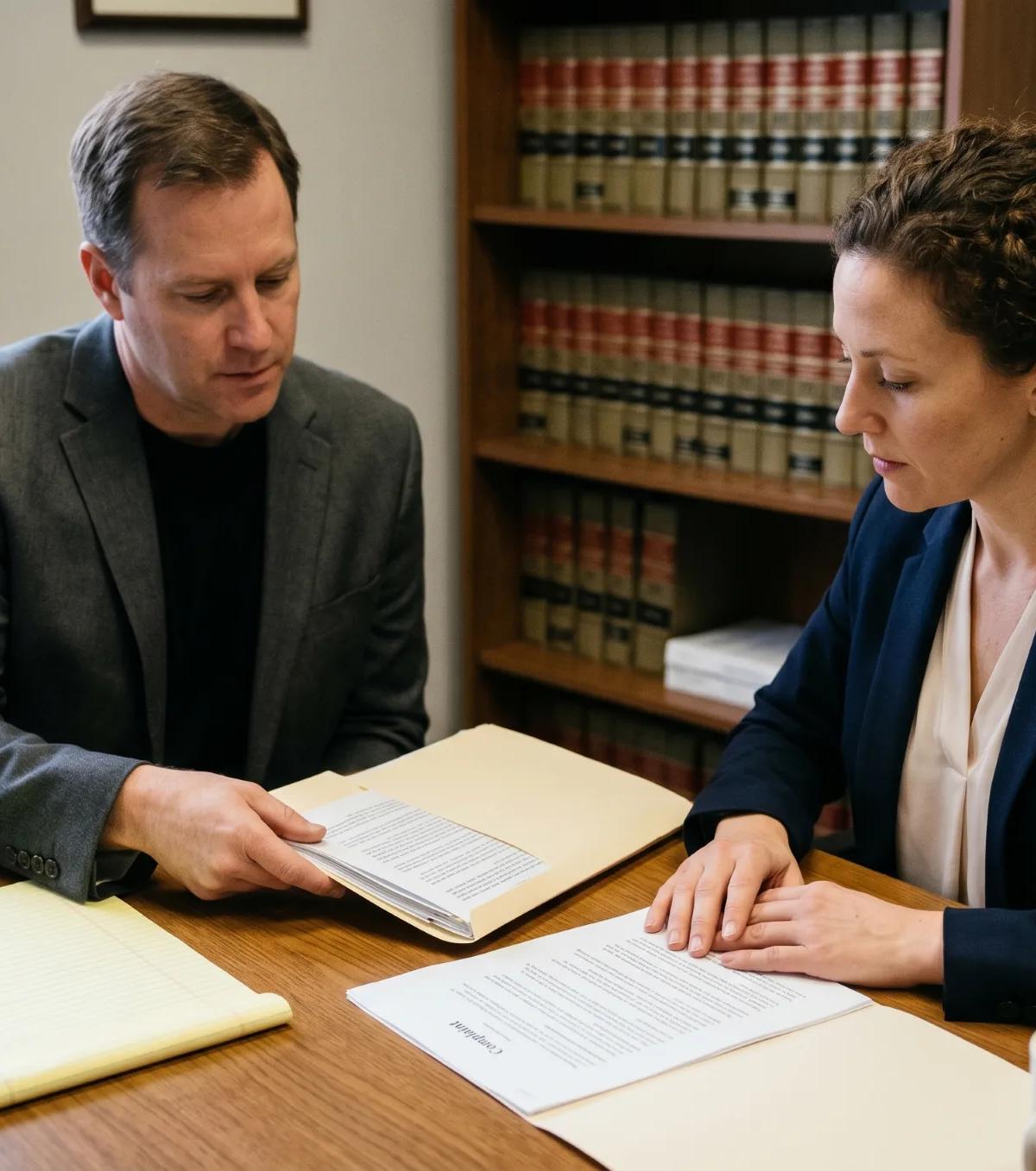 Client and civil litigation attorney reviewing a printed complaint together at a desk before suing a company