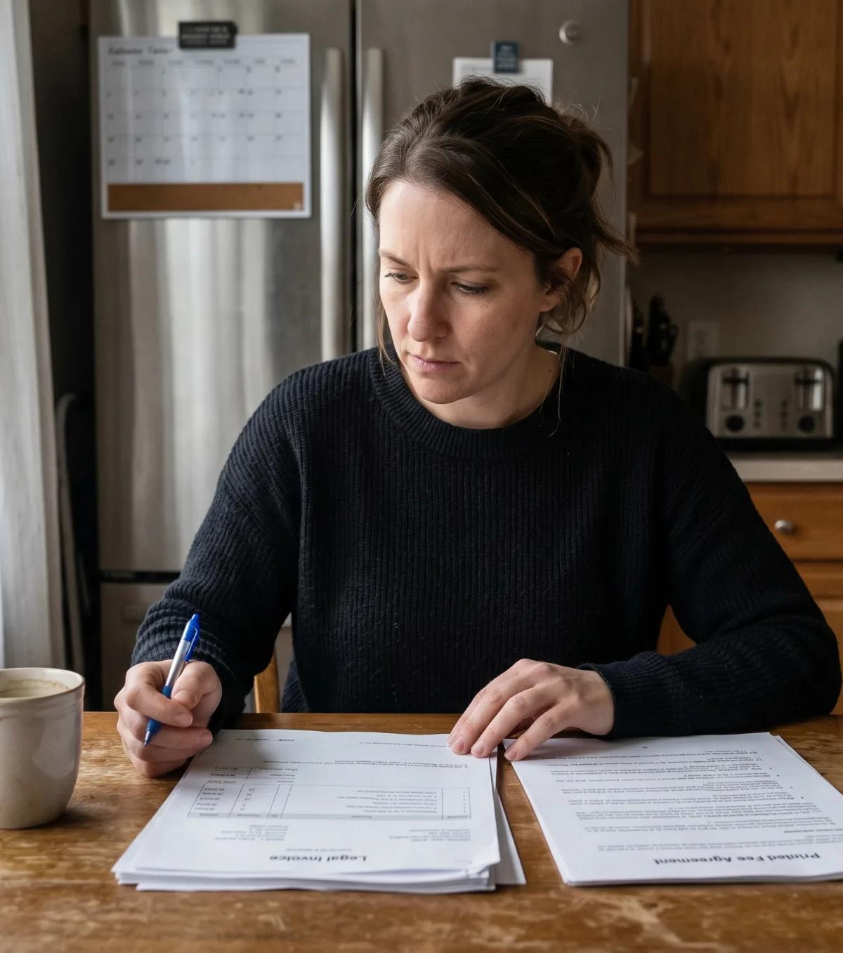Woman comparing legal invoice and fee agreement at home Woman in dark sweater reviews legal invoice and printed fee agreement at a kitchen table while comparing average attorney fees.