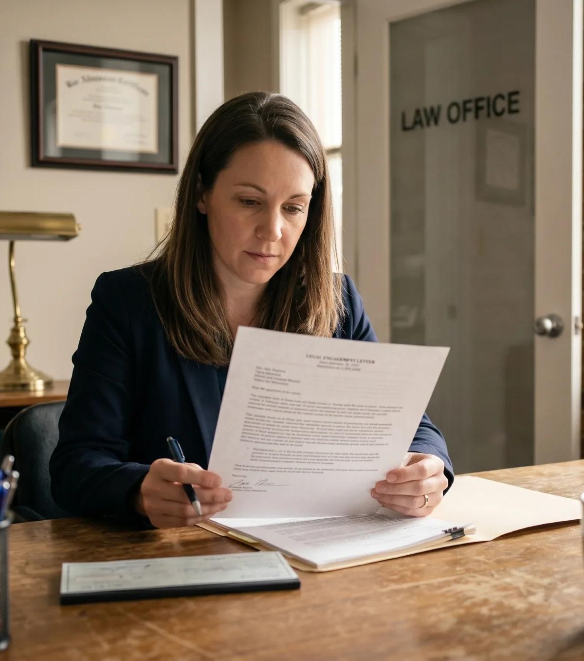 Woman in navy blazer reviewing legal engagement letter at wooden desk in small American law office with checkbook nearby.
