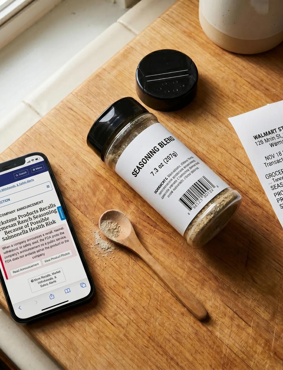 Top-down view of a kitchen counter showing a recalled 7.3-ounce seasoning container on its side next to a Walmart receipt, a wooden spoon with spilled seasoning powder, and a smartphone displaying the FDA recall announcement for Blackstone Parmesan Ranch.
