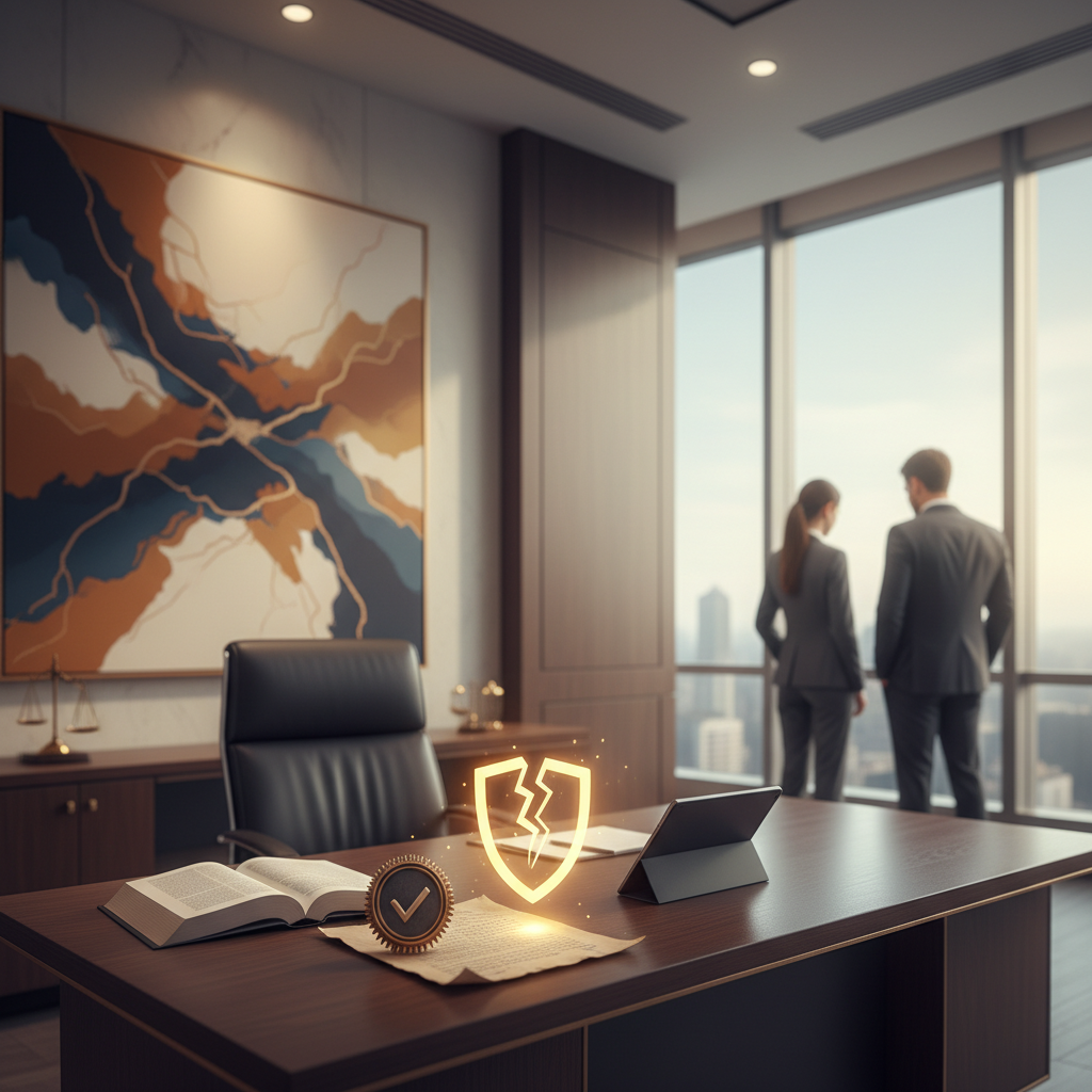 Attorneys shaking hands in a professional conference room with a verified attorney badge shield icon overlay, symbolizing trust and credibility in legal client relationships