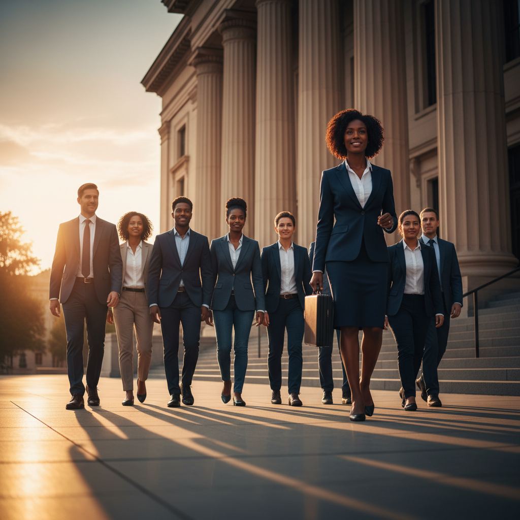 Civil rights attorney leading a diverse group of clients down the steps of a federal courthouse at sunset