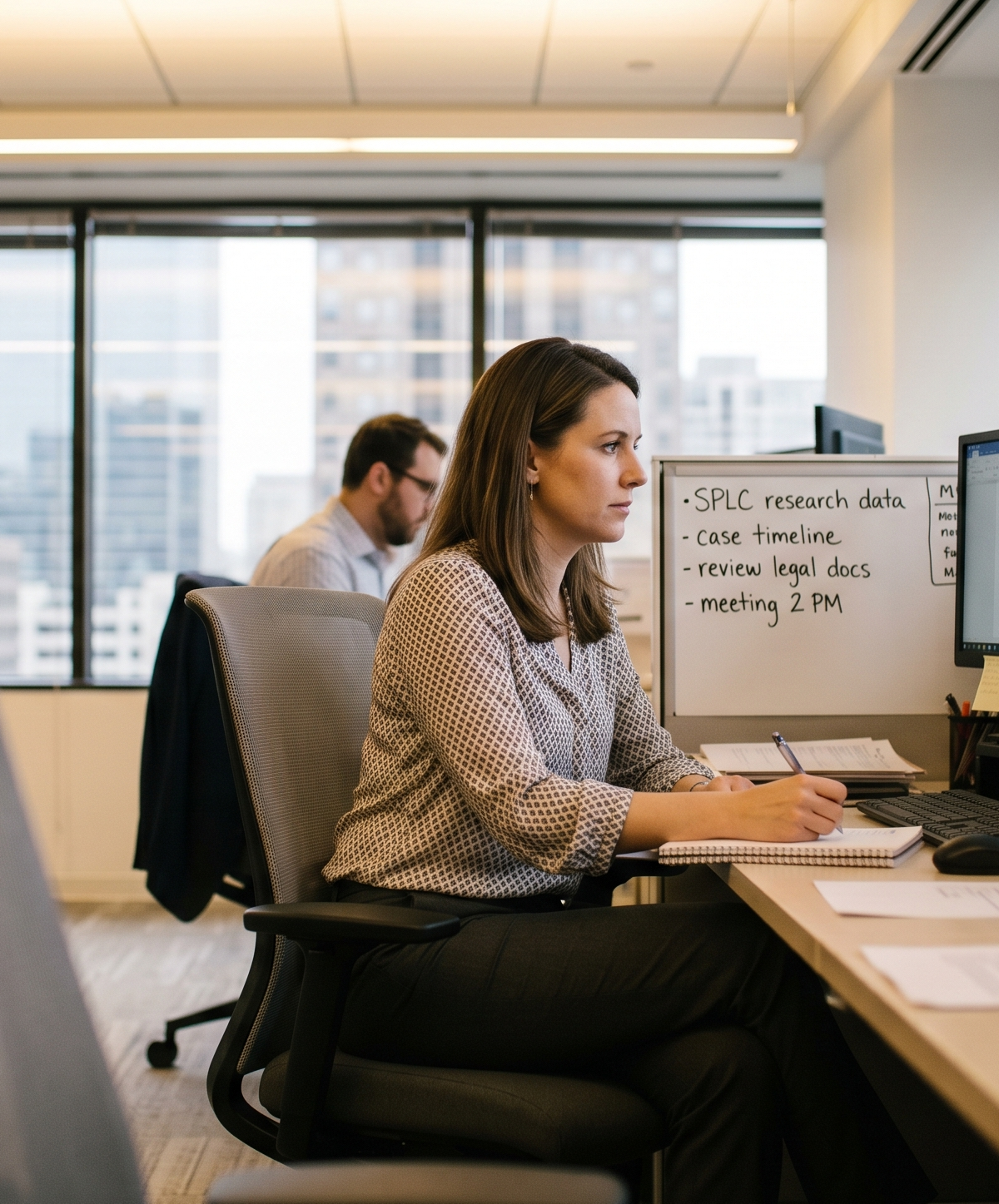 Paralegal reviewing SPLC research data and case timeline notes at a law firm office desk with dual monitors.