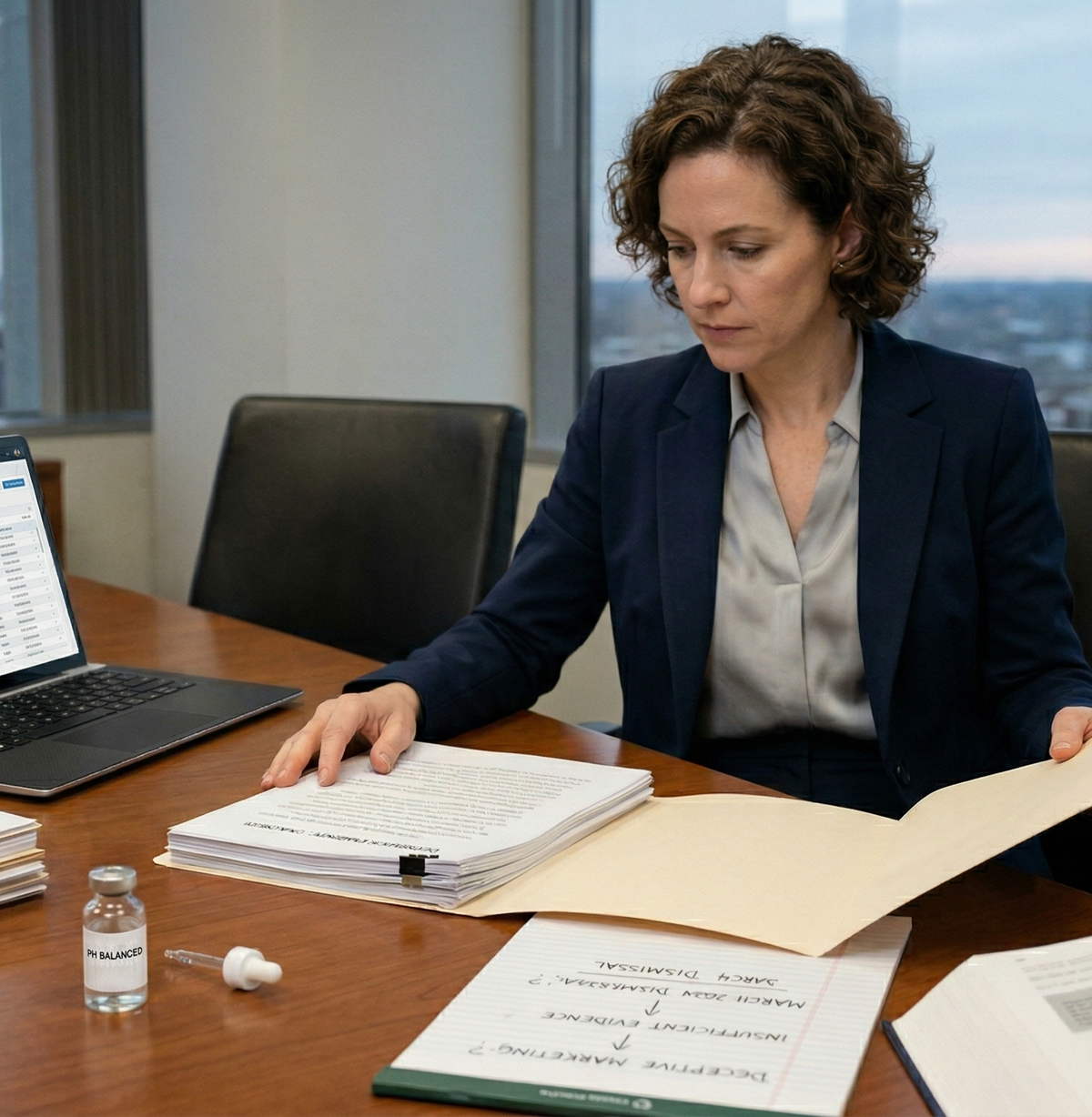 Consumer protection attorney reviewing Honey Pot lawsuit documents and plant-derived false advertising case files in office.