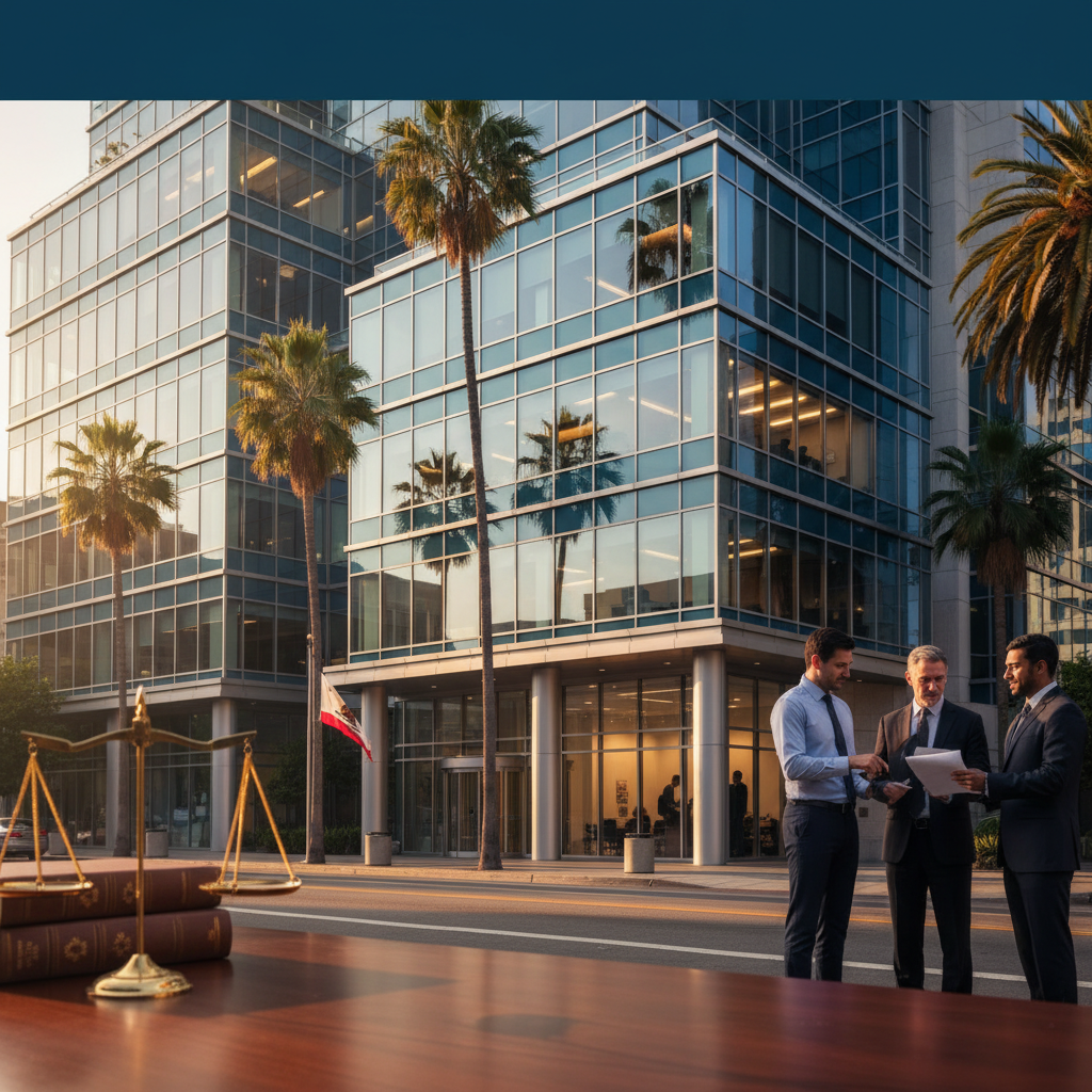 Medical malpractice attorney meeting with a client and shaking hands across a desk with legal documents in a California office