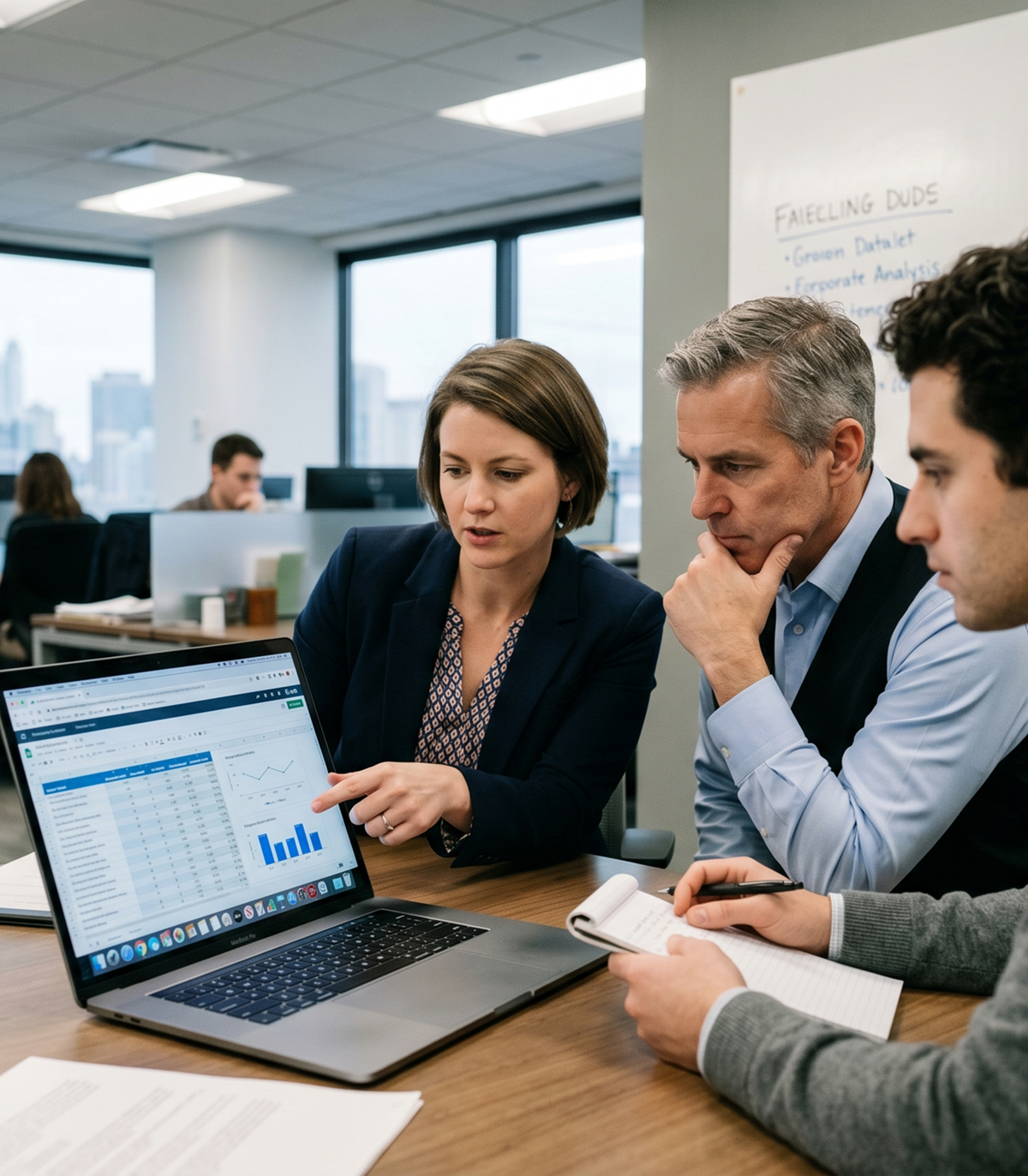 Three professionals reviewing law firm lead generation analytics on a laptop in a modern office