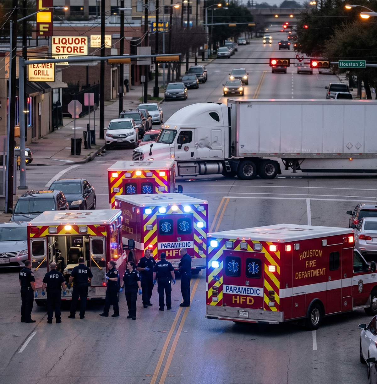 Houston truck accident scene with HFD paramedics and three ambulances responding near a commercial tractor-trailer at a downtown intersection.