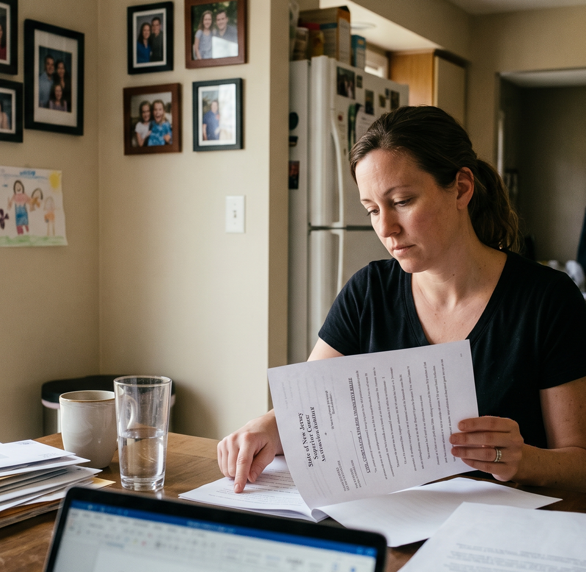 Woman at her kitchen table reviewing a New Jersey Superior Court civil complaint while exploring deepfake defamation legal options.