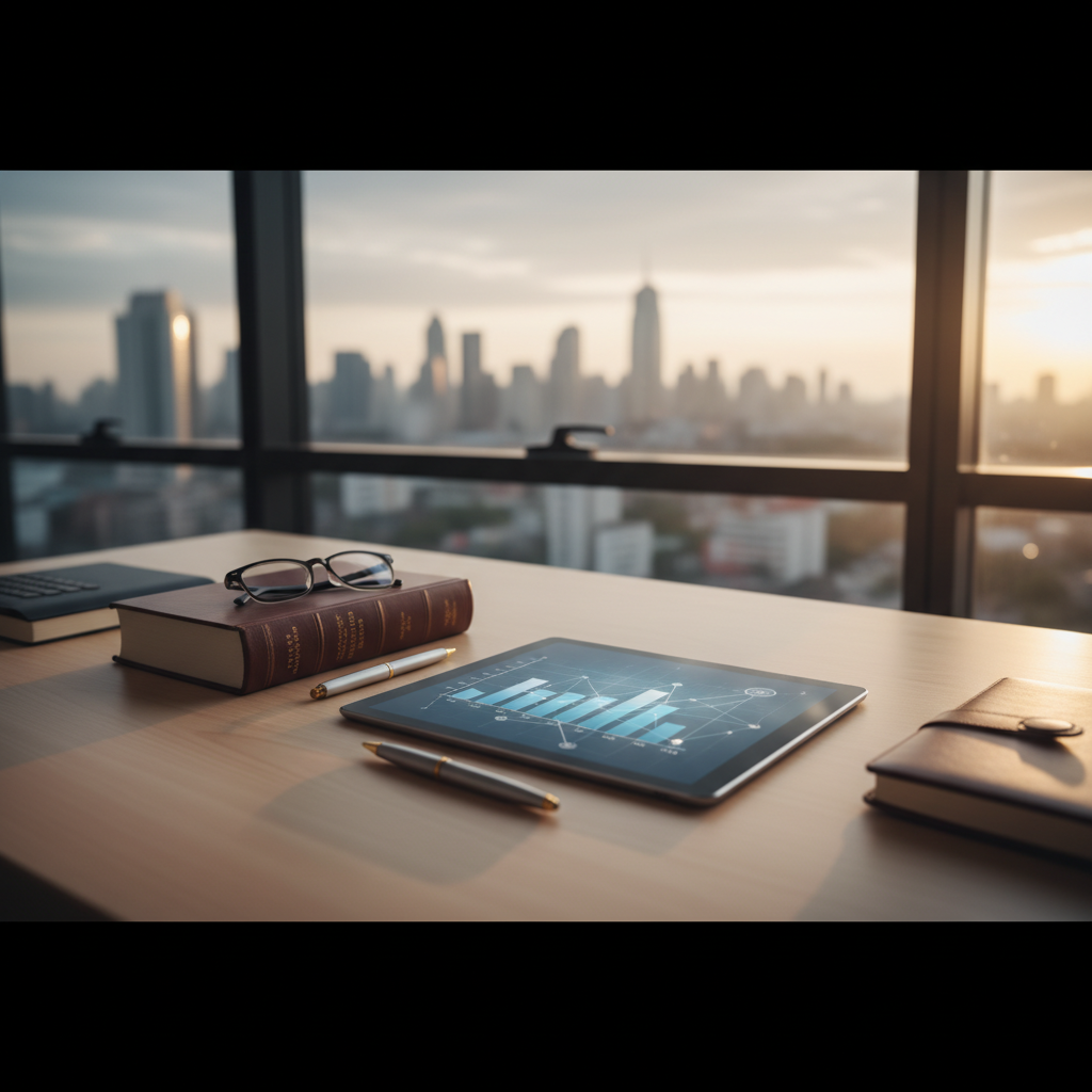 Three attorneys in business attire reviewing legal directory ROI analytics on a laptop in a law office with a city skyline at sunset