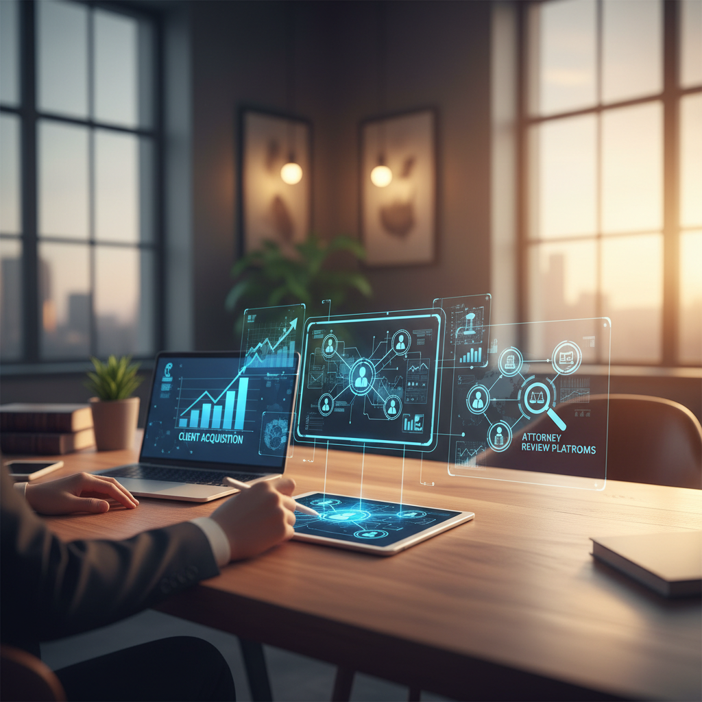 Business professionals shaking hands across a conference table with a digital network interface overlay on a tablet, symbolizing online connections, client acquisition, and professional networking in the legal industry.
