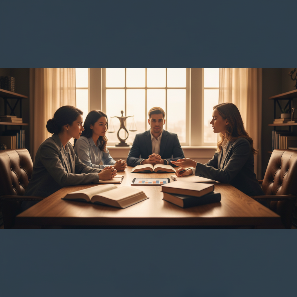 Three attorneys meeting with a client at a conference table in a modern law office, discussing legal strategy and client representation.