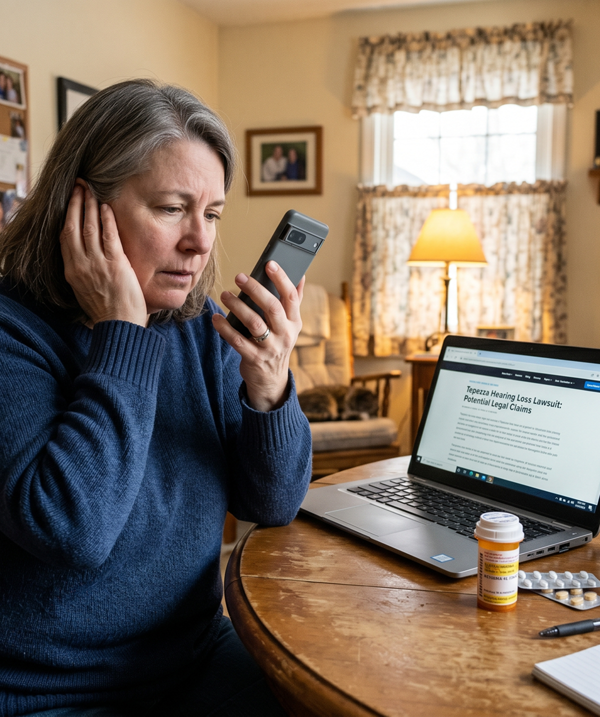 Middle-aged woman holding phone to call attorney about Tepezza hearing loss lawsuit while reviewing information at home