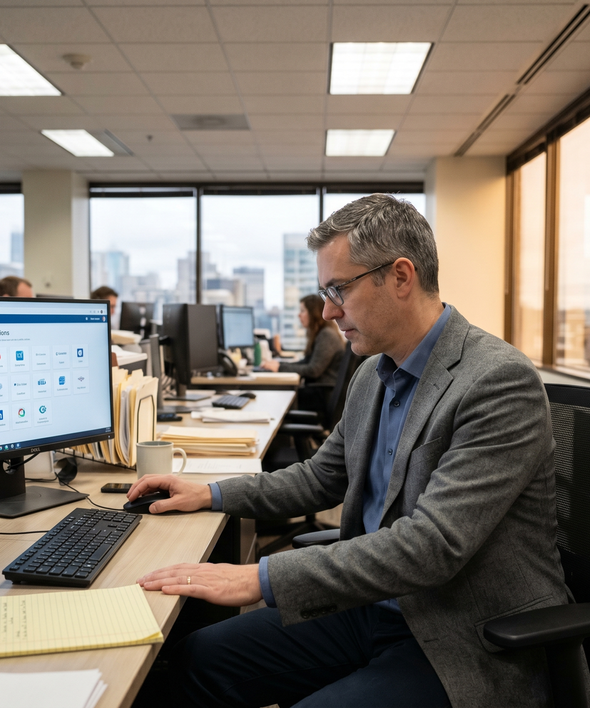 Attorney in gray blazer reviewing legal tech tools platform on desktop monitor in modern law firm office.