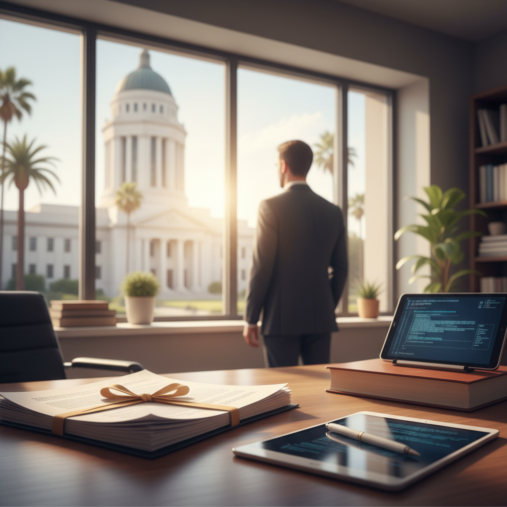 Attorney meeting with two clients in a law office to discuss a civil litigation case in California.