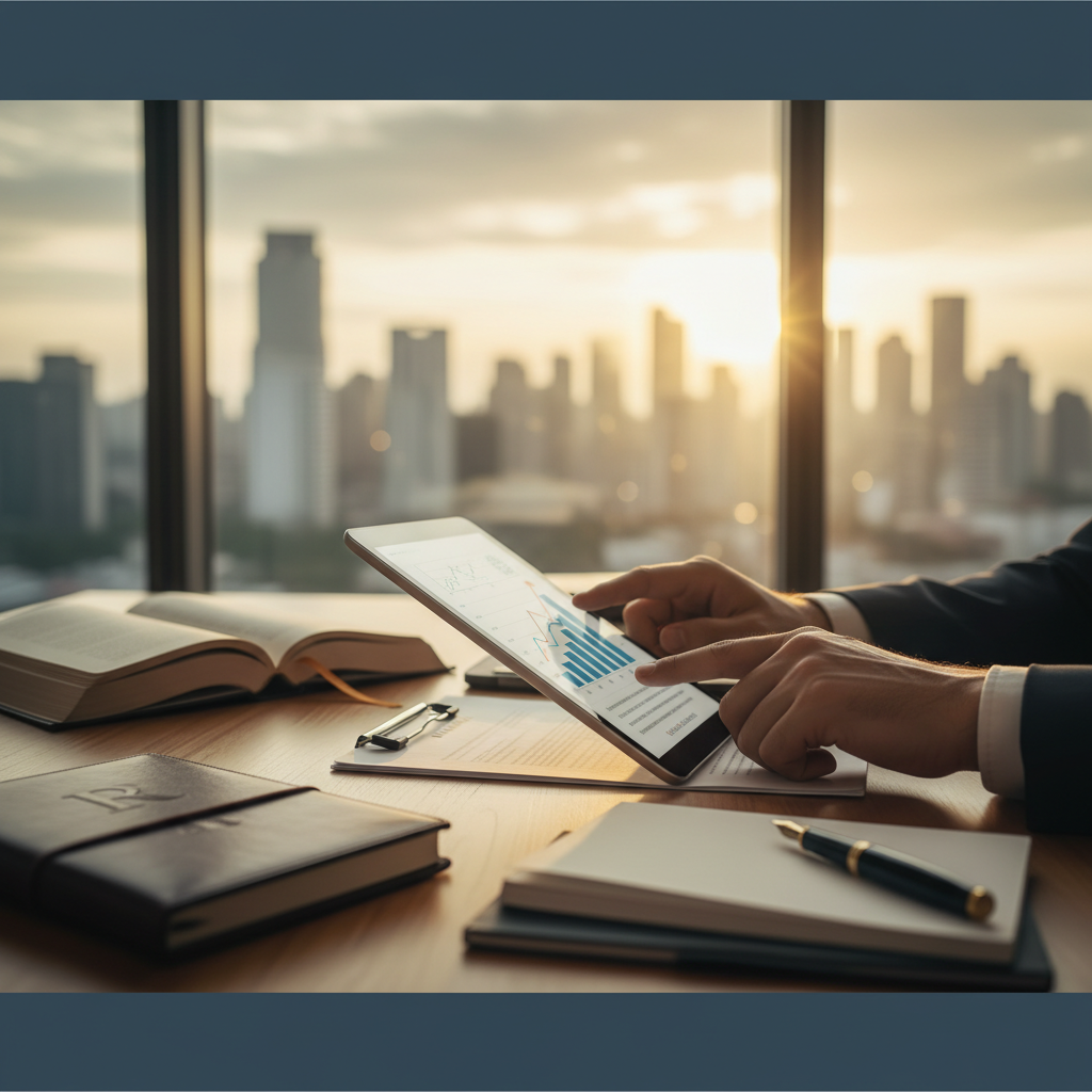 Attorney reviewing ROI analytics dashboard on laptop with floating bar charts and currency symbols on a tablet, legal scales and compass on desk, city skyline at sunset in background