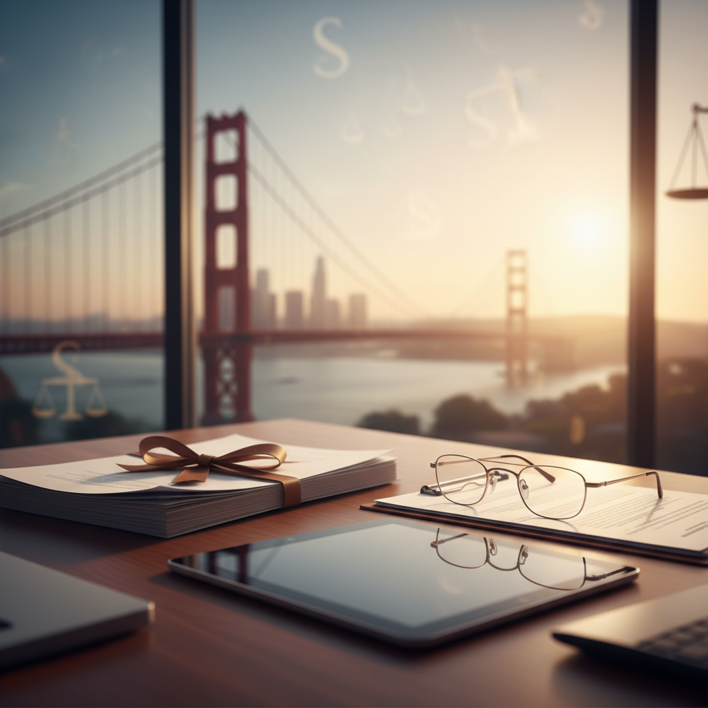 Personal injury attorneys and client reviewing legal documents at a conference table with a scales of justice and a California state map, with a Los Angeles skyline and palm trees visible through the window