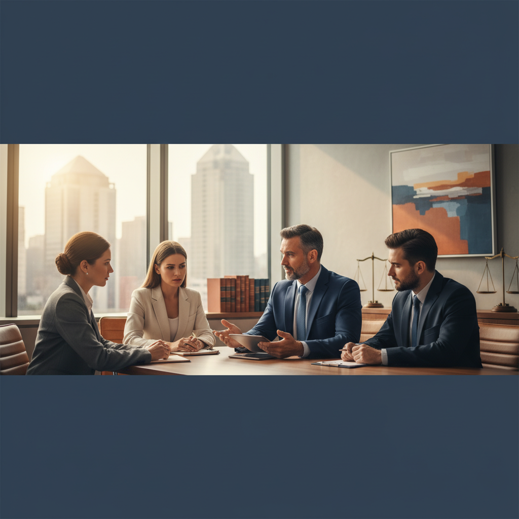 Employment law attorney meeting with clients in a modern office discussing workplace dispute and legal options.