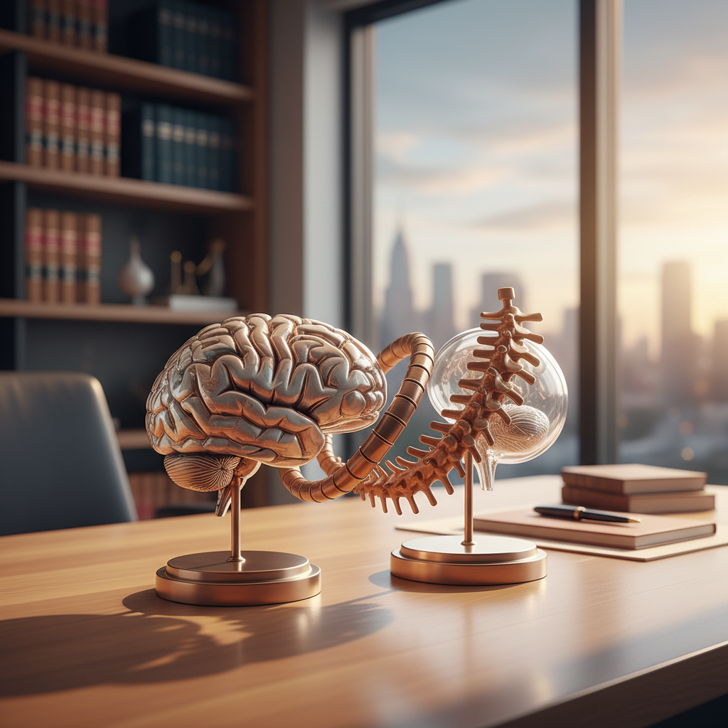 Bronze anatomical brain and spine models on a law office desk with legal books and city skyline