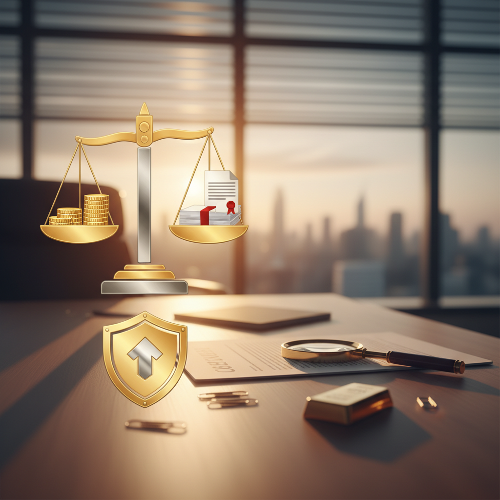 Gold justice scale balancing coins against legal documents, with a gold bar and magnifying glass on a desk — illustrating gold IRA fraud and investor legal options