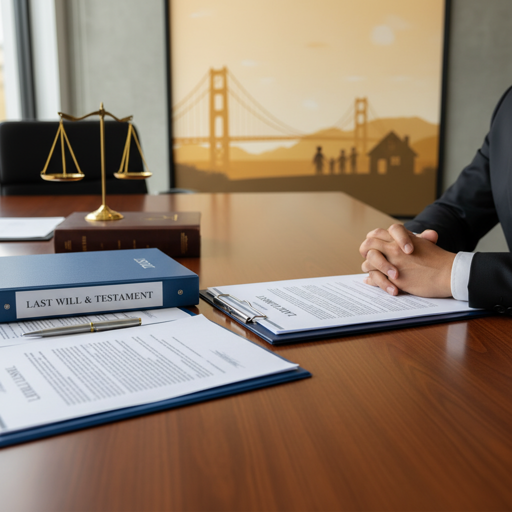 California Probate Code book with golden bear figurine, will document, and reading glasses on a desk overlooking a sunny California landscape.
