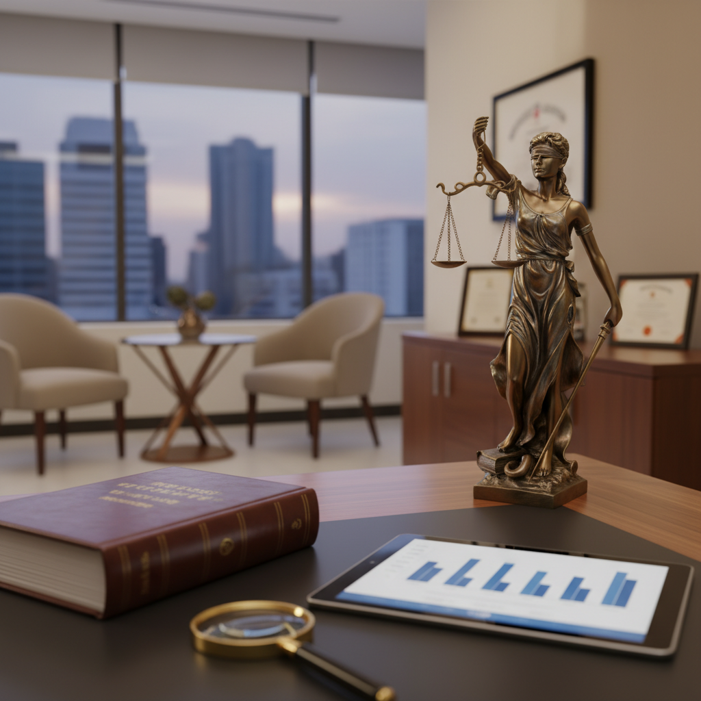Attorney reviewing legal documents in a conference room with analytics chart showing law firm growth on a tablet.
