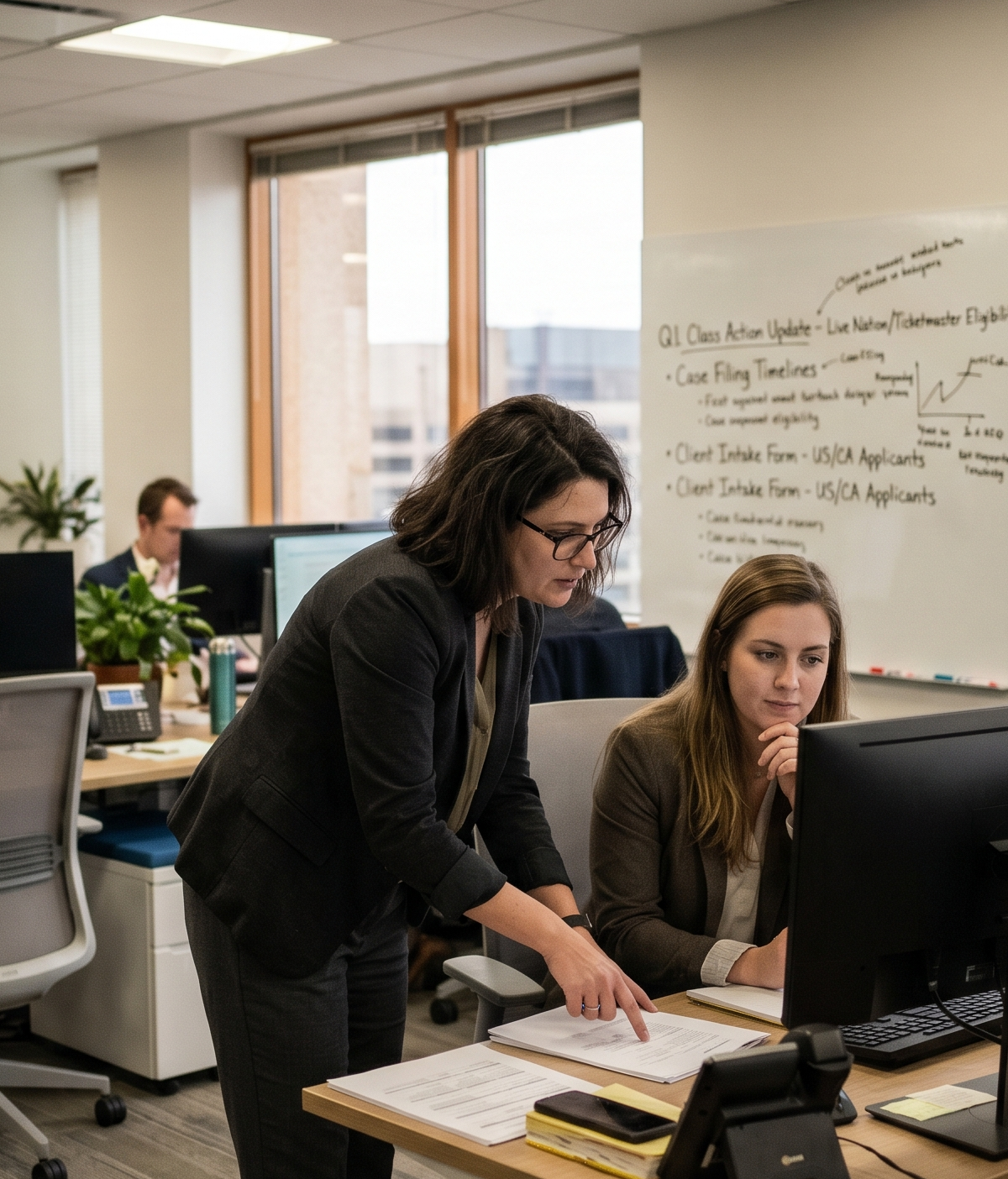 Two attorneys reviewing Live Nation Ticketmaster class action eligibility documents at a law firm workstation.