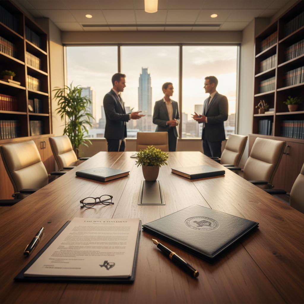 Texas estate planning attorneys consulting in a law office with legal documents, open book, and coffee on the table, Texas state outline on a lamp, and Austin skyline at sunset visible through the window
