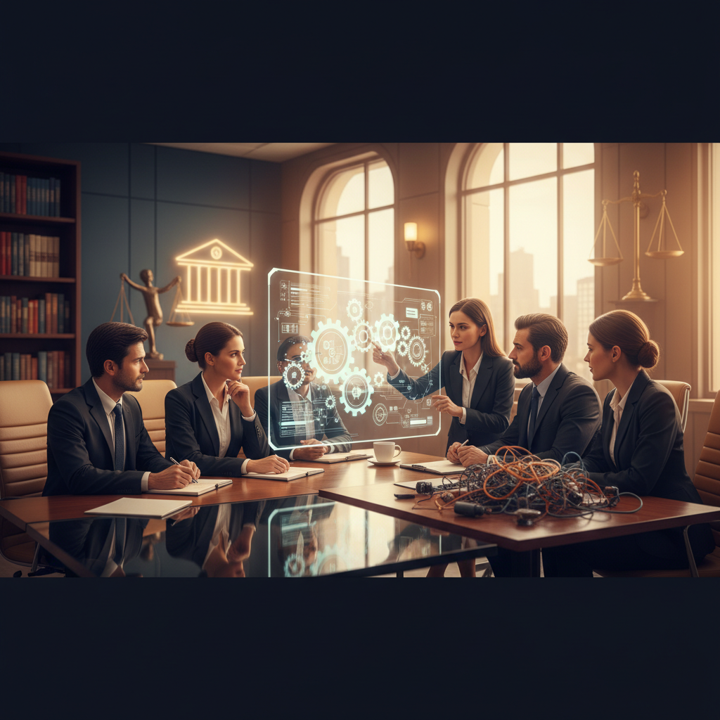 Attorney in a suit pressing a red error icon on a laptop screen displaying workflow automation diagrams, with legal books and a digital tablet on a law office desk — illustrating common law firm automation mistakes to avoid.