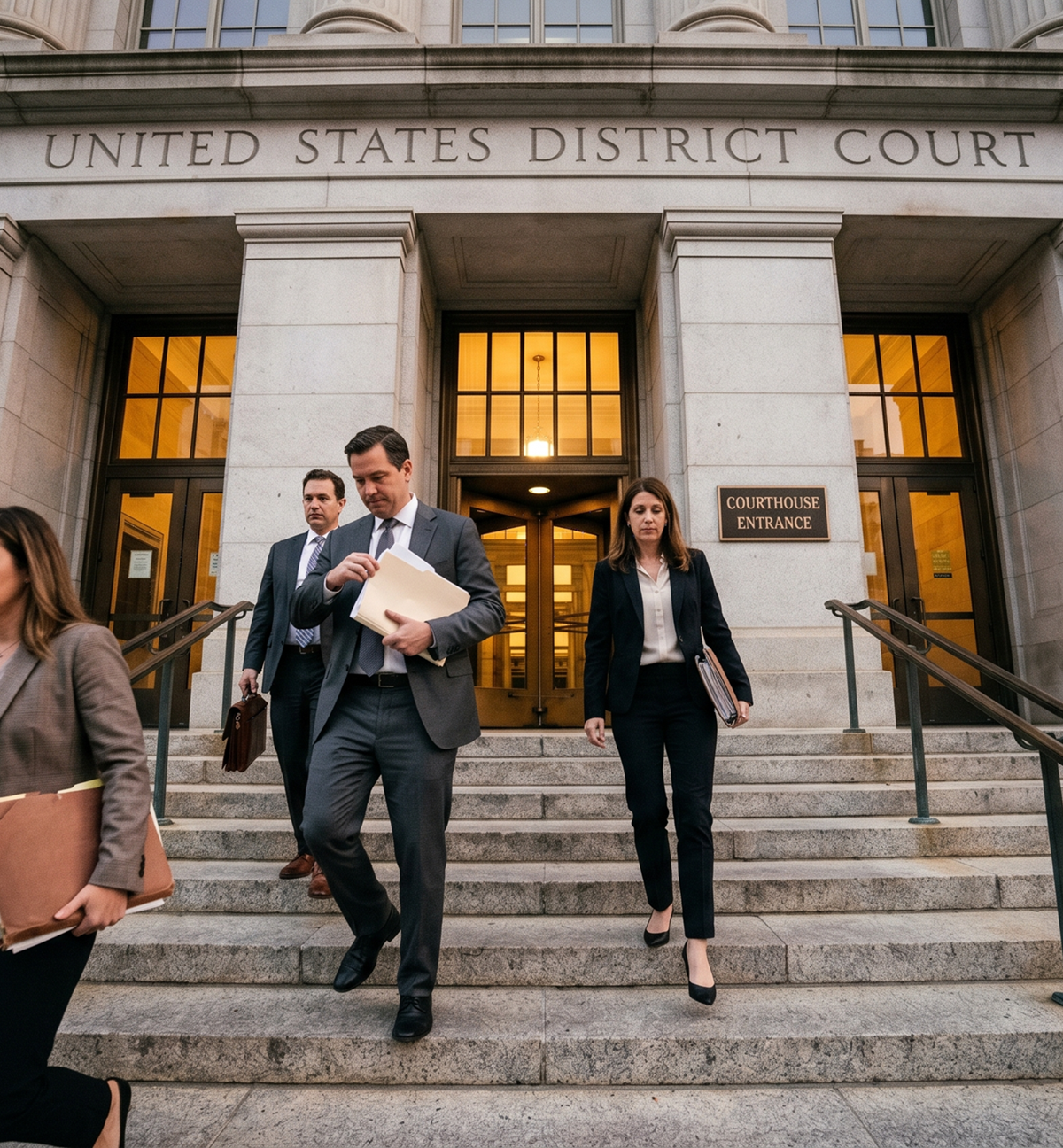 Attorneys carrying case files descend U.S. District Court steps after a hearing related to the Built Bar lawsuit over protein labeling.