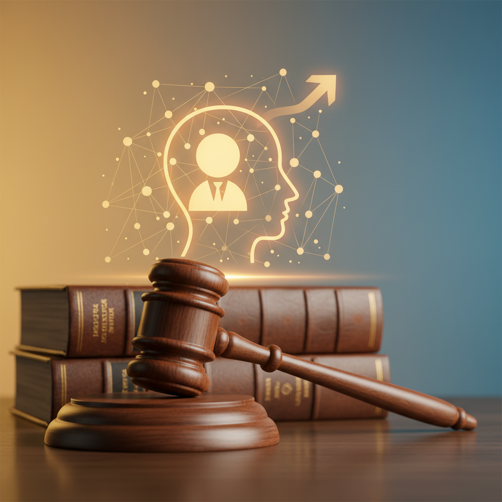 Attorney personal brand growth concept with gavel, law books, and glowing professional identity network diagram.