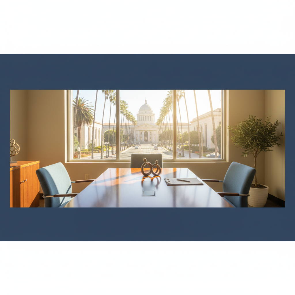 Family law attorney conference room in San Jose with a view of the Santa Clara County courthouse