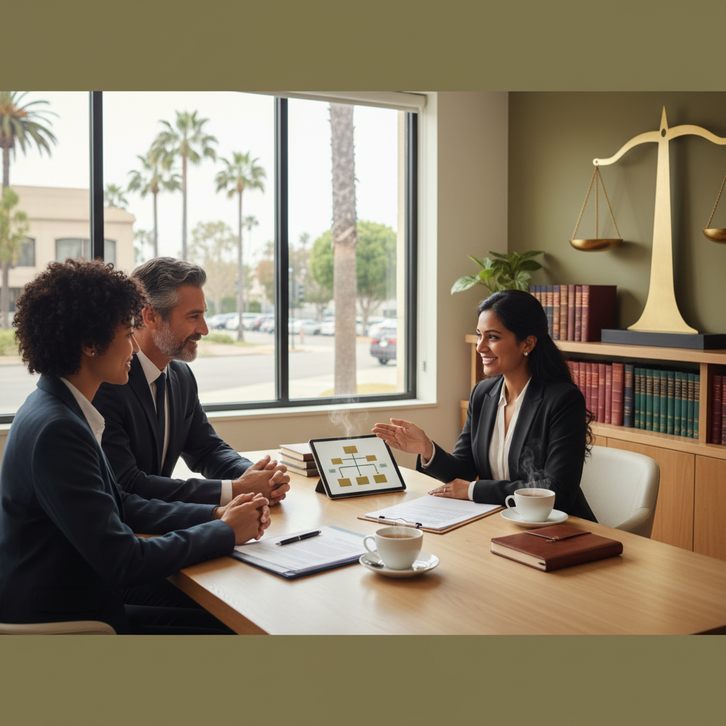 Estate planning attorneys meeting with clients in a California law office to review wills, trusts, and estate planning documents.