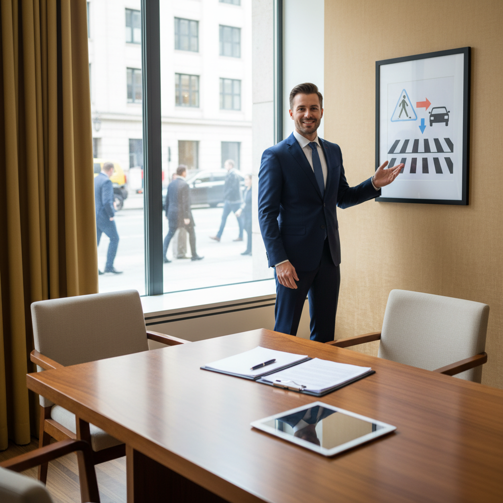 Pedestrian accident attorney standing in a law office conference room next to a crosswalk accident diagram, ready to meet with injured clients