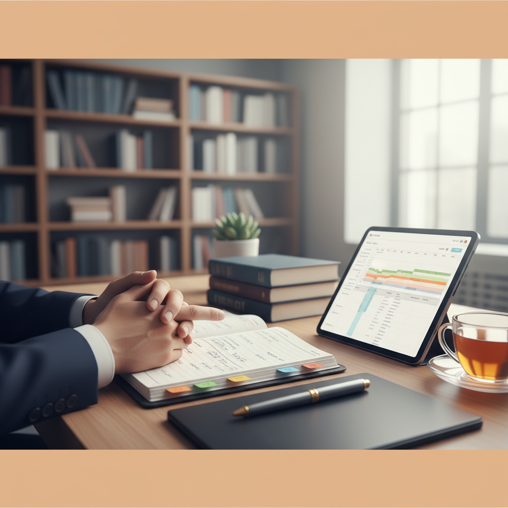 Lawyer desk with legal wig, book, and tablet calendar used for managing case deadlines.