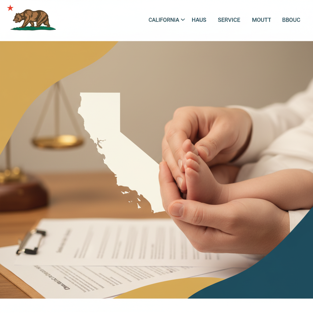 California birth injury attorney concept image showing a judge's gavel, law books, and a golden California bear sculpture on a desk with palm trees and a courthouse dome visible through the window