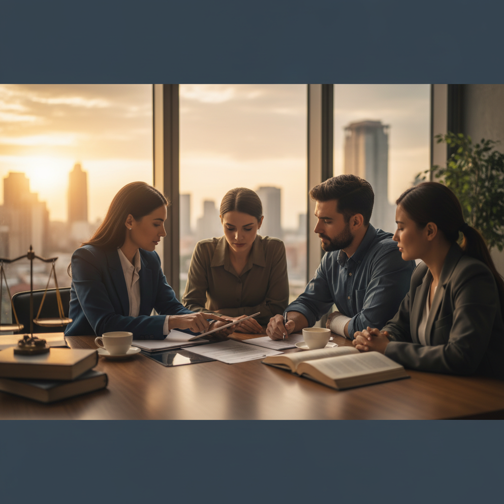 Workers’ compensation lawyer consulting with an injured employee about eligibility for benefits in a modern law office.
