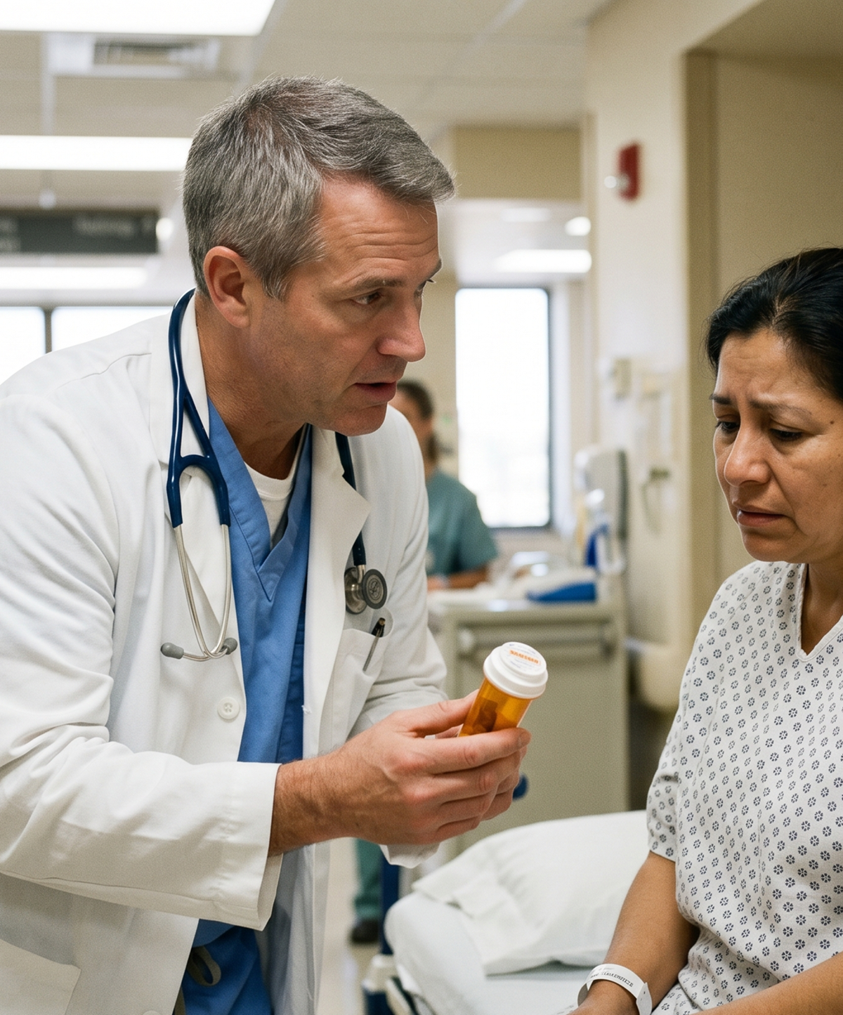 Doctor explaining prescription medication to a concerned patient in a hospital setting related to the Tepezza hearing loss lawsuit