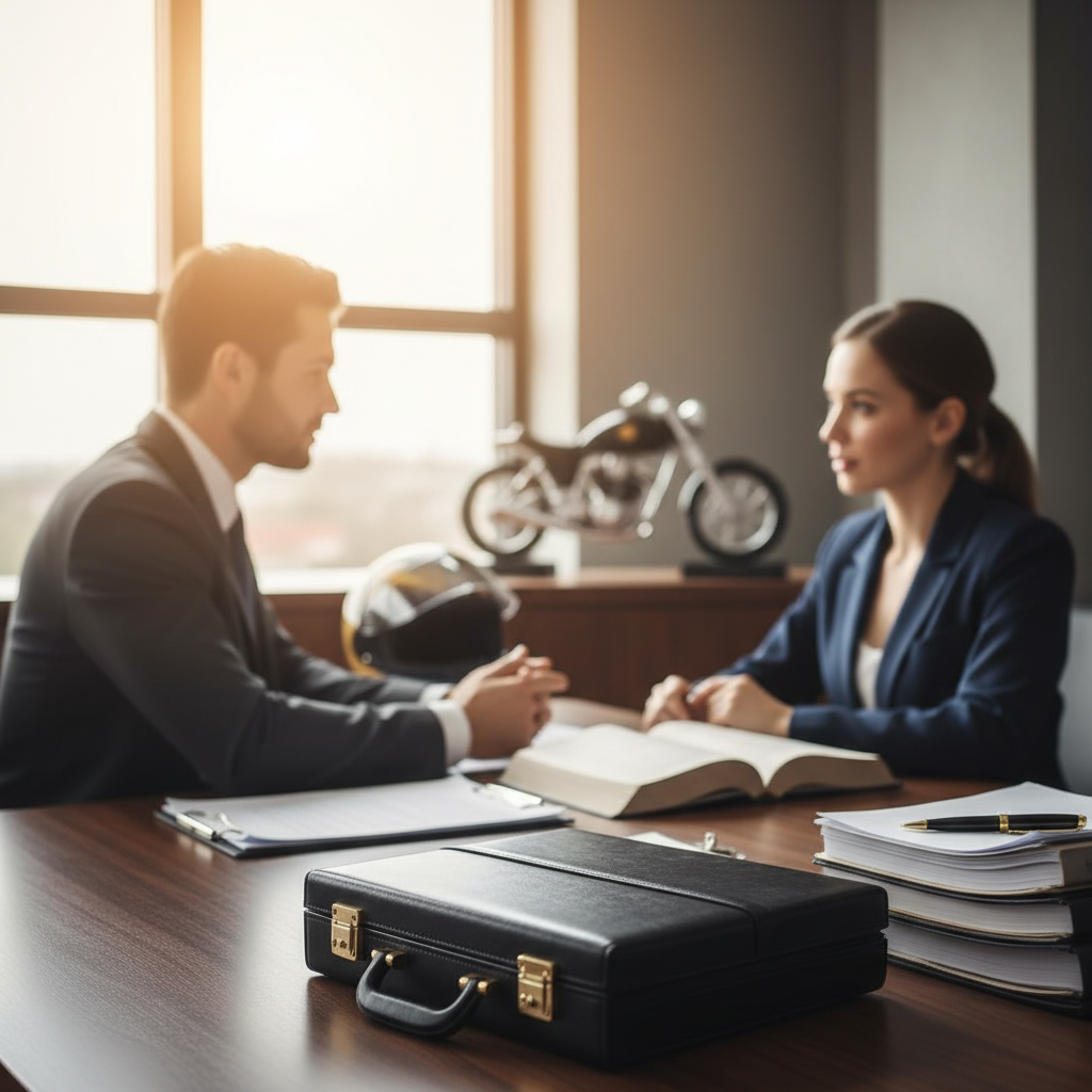 A motorcycle accident attorney consults with a client at a law office desk, with legal documents, a briefcase, an open law book, and a motorcycle helmet visible; a decorative motorcycle model sits in the background near a sunlit window.