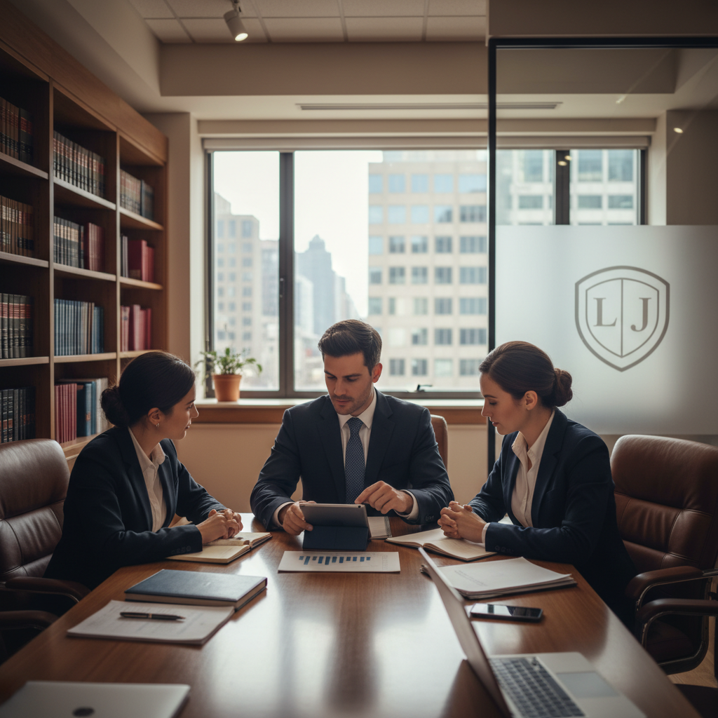 Personal injury attorneys meeting with a client at a conference table with scales of justice, legal books, and marketing charts, with a city skyline at sunset in the background