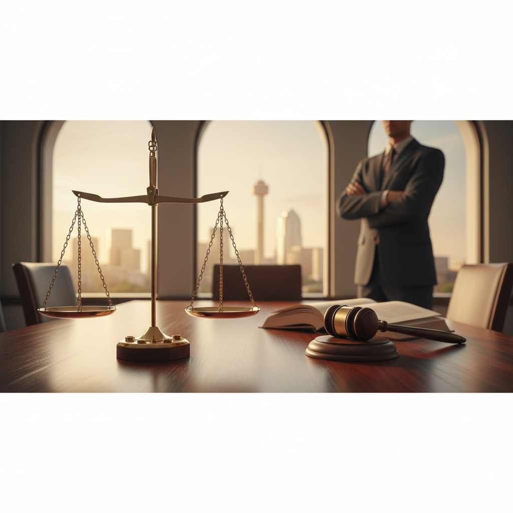 Criminal defense attorney reviewing a case at a desk with the San Antonio skyline and Tower of the Americas in the background.