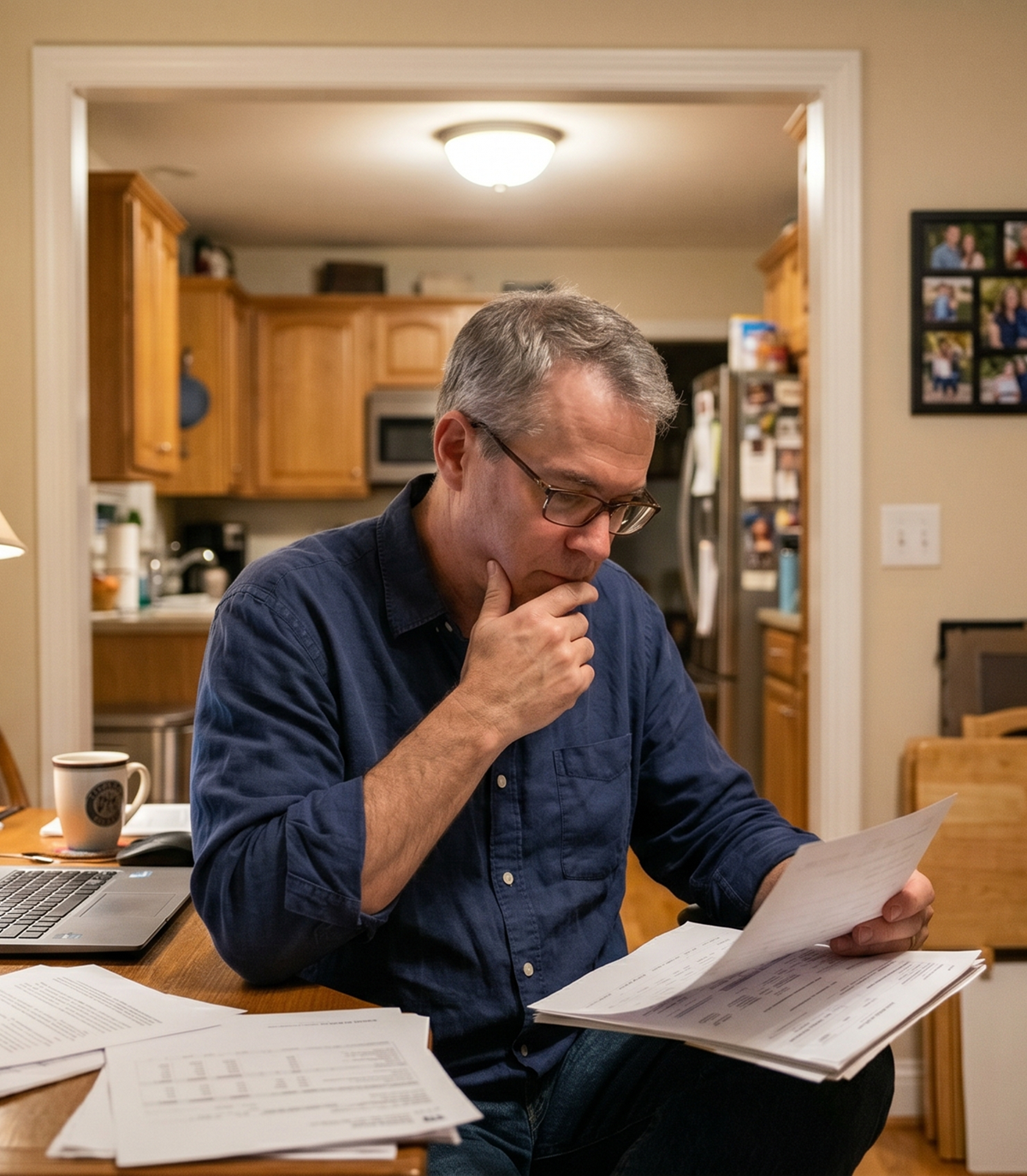 Middle-aged man reviewing financial documents at home desk with laptop open, concerned expression