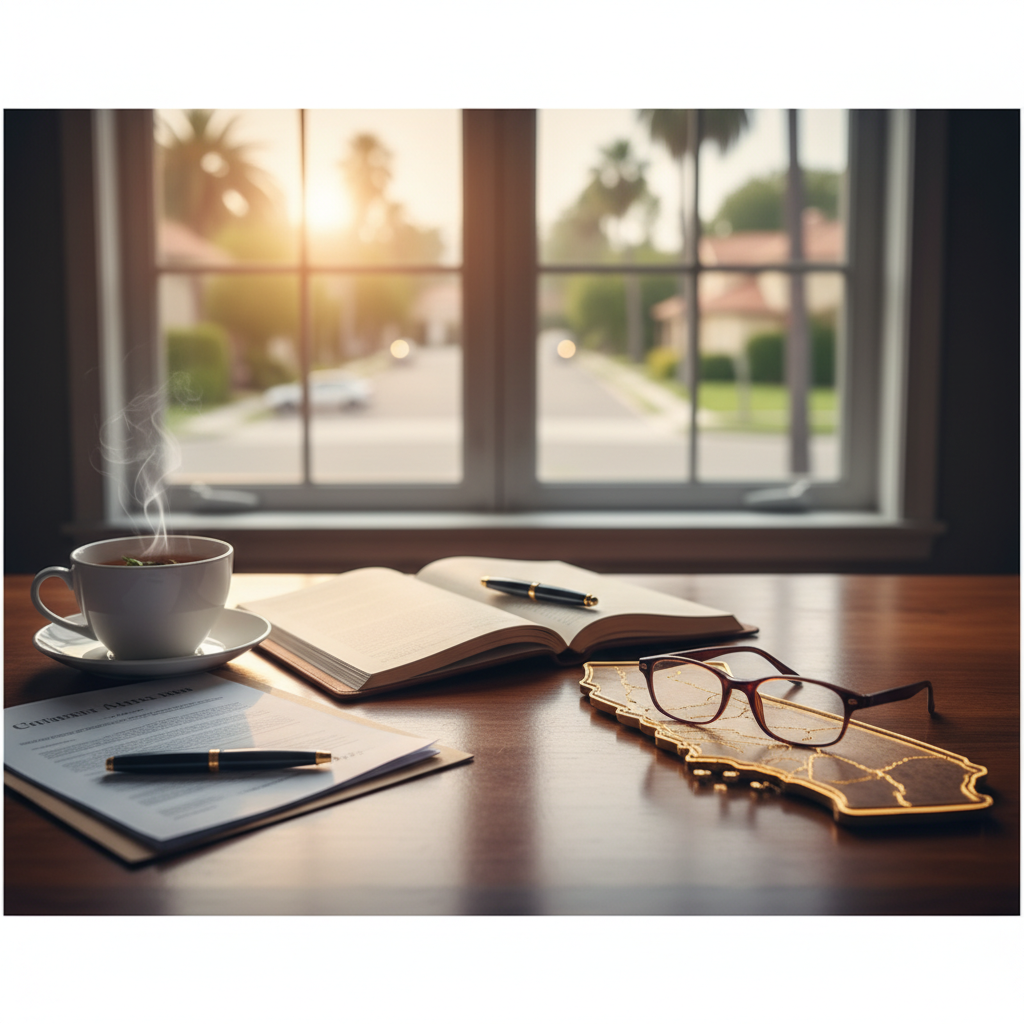 Estate planning documents, reading glasses, and a California state outline on a wooden desk with palm trees visible through a sunny window.