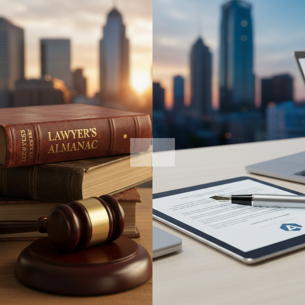 Split-image comparing attorney vs. lawyer: left side shows a wooden gavel and stacked law books including a Lawyer's Almanac against a city skyline at sunset; right side shows a legal document with a fountain pen on a tablet next to a laptop, with an AttorneyReview.com logo visible, set against a modern urban skyline at dusk.