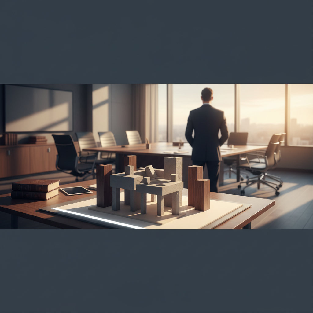 Attorney building a strategic legal brand using wooden blocks representing niche positioning and structured professional identity.