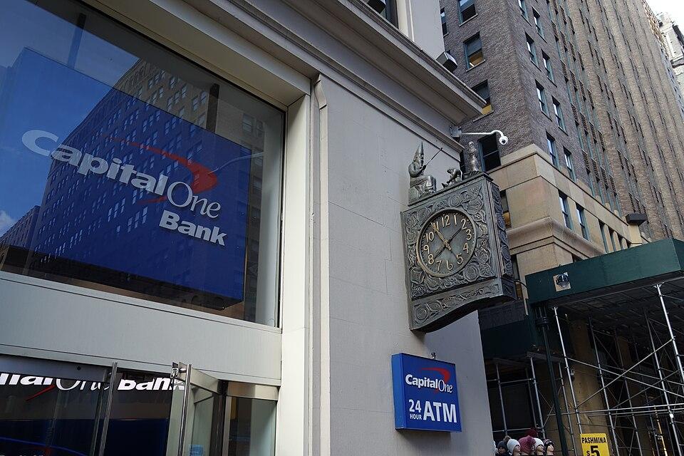 Capital One Bank Branch Exterior New York City Capital One Bank branch exterior with blue logo sign and ornate street clock in New York City